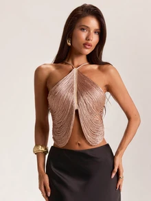 SHEIN BAE Atasan Crop Top Wanita Seksi dengan Rumbai dan Leher Halter - Emas - View 4
