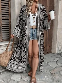 Ceyna Plus Size Women's New Elegant Multi-Color Striped Bohemian Style Colorful Paisley Pattern Open Front Long Sleeve Long Cardigan Jacket - Multicolor - View 3