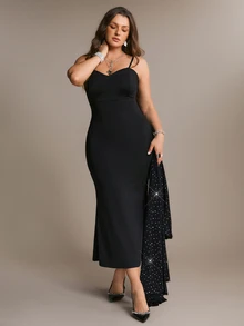 Freevana Plus Size Women's Party Mesh Rhinestone Long Sleeve Round Neck Dress Set - Black - View 3