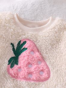 女嬰居家服套裝 可愛3D草莓刺繡 柔軟毛絨面料 睡衣2件組 嬰兒幼童圓領長袖收口褲 秋冬珊瑚絨甜美配色 適合居家與外出穿著 - 粉色 - 查看 5