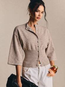 Poéselle Women's Casual Comfortable Waist-Cinching Cardigan - Camel - View 8