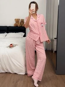 Napfluff Textured Bubble Grid Pocket Embroidered Top And Loose Pants Pajama Set - Pink - View 4