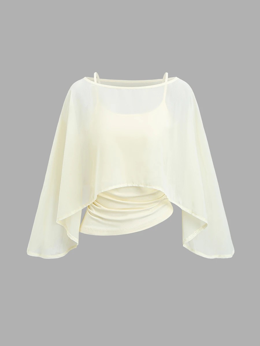 Sweetra Petite One-Shoulder Boat Neck Flowy Chiffon Cape Outerwear Petite Two Pieces Set, Elastic Ruched Waist Cami Inner Layer, Office Commute Casual Date Elegant Beige Outfit - Yellow - View 1