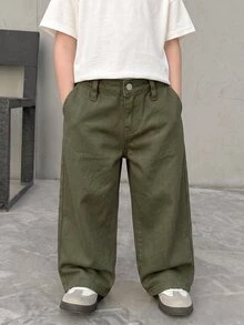 兒童男童藍色牛仔寬鬆直筒長褲 - 軍綠色 - 查看 3