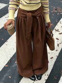 Rivivi Petite Women's Street Fashion Lace-Up Ruched Loose Denim Long Pants - Brown - View 4