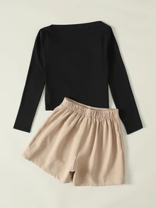 SHEIN Tween Girl Autumn/Winter Commute Elegant Korean Style Soft Comfortable Mini Set: Asymmetric Black Design Top + Front Slit High Waist Shorts Skirt - Black - View 2
