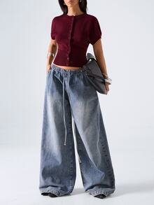 LYSMO 女款開襟羊毛衫 - 酒紅色 - 查看 4