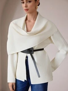 Modelyn كارديجان نسائي أنيق بتصميم ياقة وشاح غير متماثل، خريف/شتاء - أبيض - مشاهدة 5
