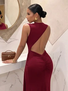 Slaydiva Women Elegant One Shoulder Backless Ruched Mermaid Maxi Dress Side Knot Draped Bodycon Evening Gown - Burgundy - View 3