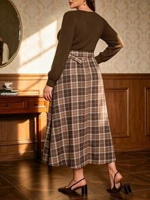 Auvina Plus Size Women's Woven Elegant Fall Long Dress - Brown - View 2