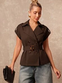 Lumalex Short Sleeve Loose High Neck Cinched Waist Women's Trench Coat Jacket - Brown - View 4