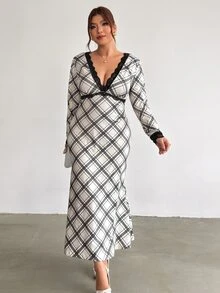 Firerie Plus Size Women's Contrast Lace Deep V-Neck Long Sleeve Plaid Fish Tail Hem Elegant Dress Fall - Multicolor - View 7