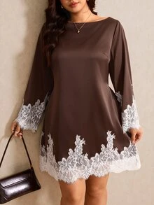 Elaquor Plus Size Women's Contrast Lace Long Sleeve Loose Elegant Dress - Coffee Brown - View 6