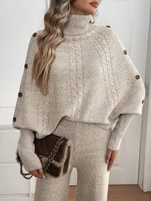 SHEIN طقم كنزة بقطعتين برقبة عالية بتصميم عتيق للخريف/الشتاء - بني مخاوي - مشاهدة 1