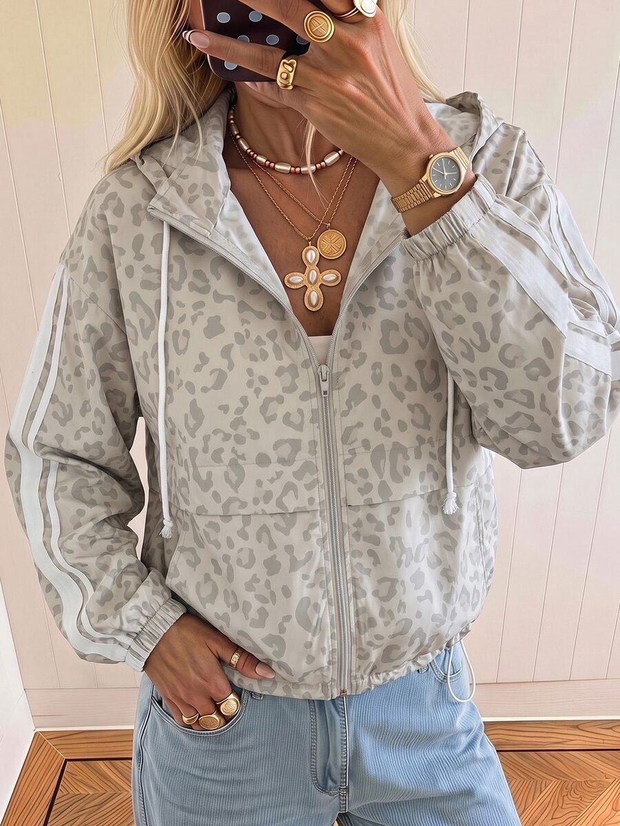 SHEIN EZwear Women's Plus Size Striped Patchwork Sleeve Drawstring Hooded Leopard Print Jacket - Multicolor - View 1
