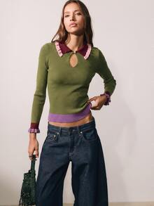 Nöista Women's Contrast Color Lapel Long Sleeve Slim Fit Versatile Sweater - Green - View 1