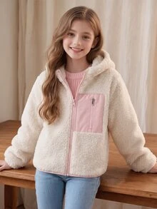 青少年女孩拼色前拉鍊連帽抓絨外套 - 杏色 - 查看 3
