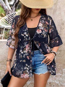 SHEIN LUNE Plus-Size Women'S Summer Flower Print Boho Lightweight Breathable Seaside Breathable Lace-Up Smock Fall - Navy Blue - View 1