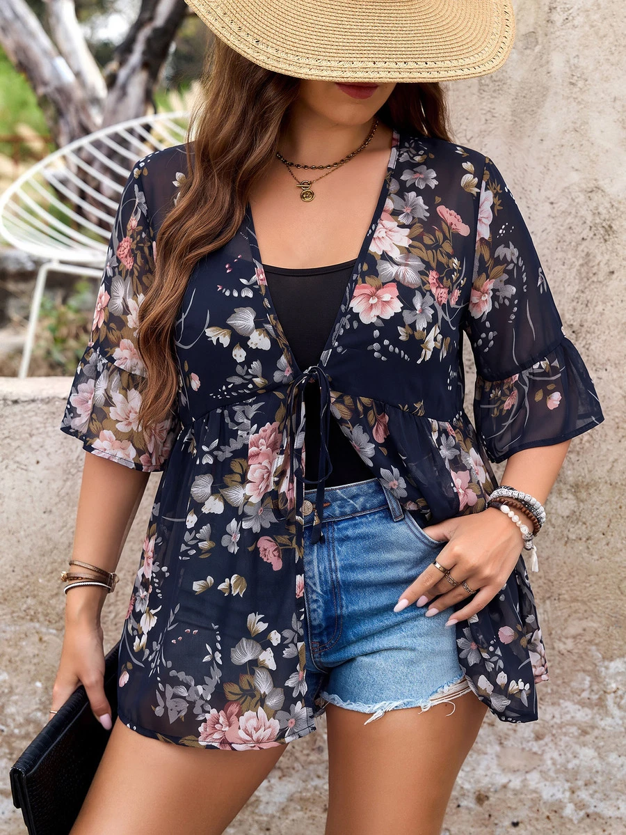 SHEIN LUNE Plus-Size Women'S Summer Flower Print Boho Lightweight Breathable Seaside Breathable Lace-Up Smock Fall - Navy Blue - View 1