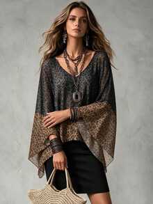 Glimmora Leopard Print Patchwork V-Neck Chic Fashionable Versatile Top Suitable For Dates, Vacations, Parties, Daily Outings, Gatherings, Outdoor Activities - Black - View 4