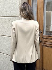 SHEIN LUNE Casual Commute Women's Blazer Jacket Contrast Color Patchwork Frog Button Long Sleeve Autumn Winter Daily Basic Fashion Outerwear Outfit - Apricot - View 2