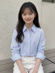 Hapijoa 青少年女孩秋季大童領口短袖襯衫夏季上衣 - 藍色 - 查看 7