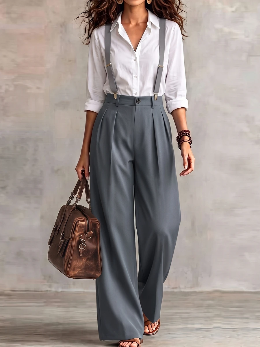 Balvessa Women's Elegant Button Pleated Pocket Loose Jumpsuit - Grey - View 1