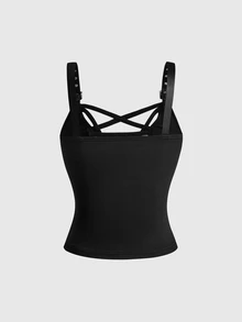 ROMWE Gothic Punk Halloween Outfit Five-Point Star Design Grommet PU Webbing Fitted Women's Tank Top - Black - View 2