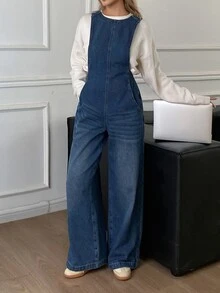 Livesso Autumn Blue Spaghetti Strap Button Washed Loose Pocket Decor Casual Women's Denim Overalls Jumpsuit - Blue - View 6