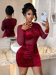BamGleam Women's Solid Color Contrast Mesh Long Sleeve Ruched Slim Fit Sexy Dress - Burgundy - View 3