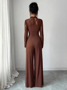 Elenzga Autumn/Winter Daily Commute Minimalist Slim Fit Lace High Neck Floral Lace Patchwork Ribbed Slimming Flared Jumpsuit Solid Dark Coffee Color Women's Jumpsuit - Coffee Brown - View 2