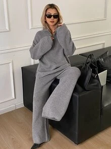 DAZY 女款羅紋拉鍊半開襟翻領長袖針織衫與休閒寬鬆長褲兩件套 冬季 - 灰色 - 查看 7