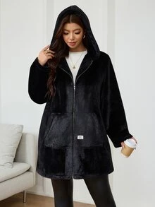 SHEIN Clasi 大尺碼女款抓絨長袖連帽拉鍊冬季外套 - 黑色 - 查看 6