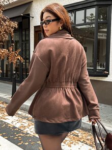 Vionelle Plus Size Women Casual Commute Elegant Suede Dark Brown Long Sleeve Autumn Jacket - Brown - View 2