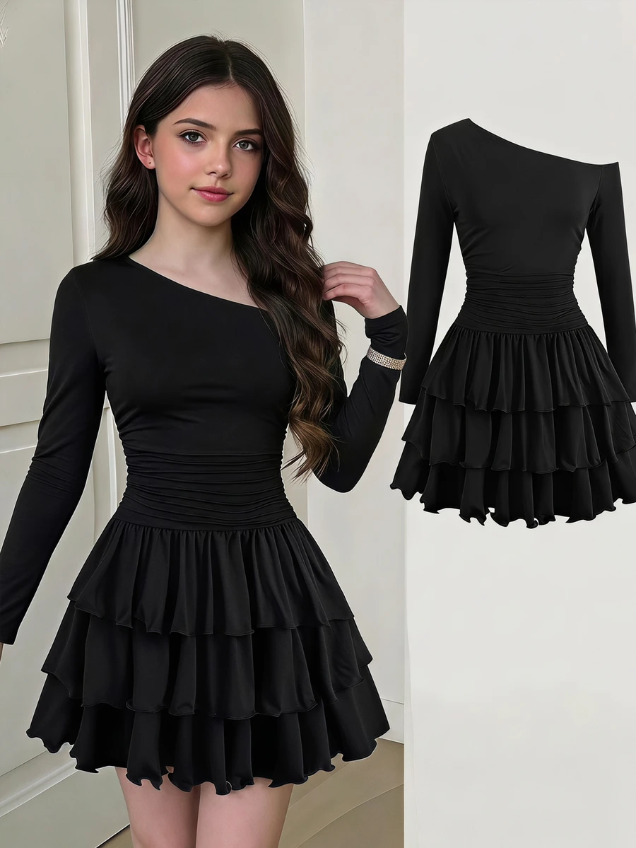 SHEIN Teen Girl Spring Autumn Winter New Casual Elegant Academy Style French Asymmetrical Shoulder Neckline Ruched Patchwork Layered Ruffle Hem Cake Pleat Long Sleeve Dress, Party, Daily Wear, Black Dress - Black - View 1