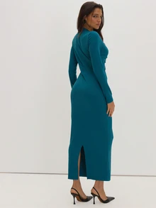 MUSEYN Teal Blue Jersey Deep Plunge Long Sleeve Maxi Dress Classy Date Night Chic Evening Fall - Dark Green - View 5