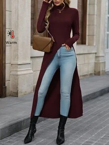 Editum 女款秋冬時尚百搭純色高領長短不一下擺T恤 - 酒紅色 - 查看 5