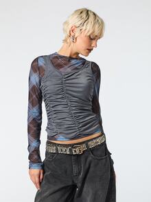 COUREZ DOUBLE LAYER MESH CHECK GATHERED TOP - Blue - View 4