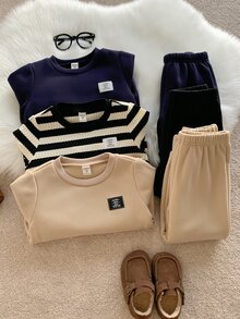 SHEIN 小男孩秋冬保暖內裡加厚卡通熊針織軟綿圓領長袖套頭運動衫彈性腰長褲6件套百搭舒適 - 彩色 - 查看 3