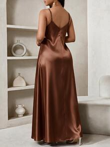 SHEIN Lady Plus Size Elegant Elegant Satin Spaghetti Strap Dress For Date - Brown - View 2