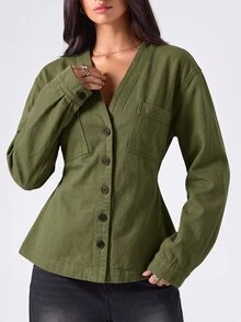LYSMO Women's V-Neck Long Sleeve Single-Breasted Pocket Design Casual Denim Top - Army Green - View 8