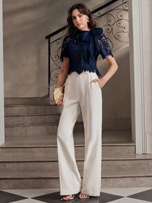 Anewsta Spring Summer French Gentle Style Beige Hollow Lace Bowknot Versatile Women's Blouse - Navy Blue - View 4