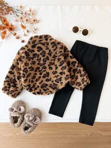 SHEIN Vintaside Kids 2件組女嬰時尚豹紋毛絨半拉鍊長袖抓絨上衣與褲子套裝，日常返校穿著，秋冬服飾 - 彩色 - 查看 2