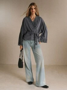 Poéselle Women's Sweet Lace Patchwork Top For Vacation And Travel,Fall Winter 2026 - Dark Grey - View 6