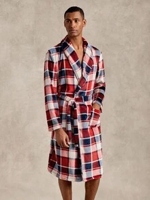 EverLounge Autumn/Winter Men's Minimalist Basic Fit British Style Christmas Contrast Plaid Print Flannel Fabric Lapel Loungewear Robe - Multicolor - View 3