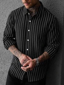SLATEMANN 2026 春/秋季男士皺褶直條紋長袖領襯衫，寬鬆版型黑色鈕扣休閒街頭上衣 - 黑色 - 查看 5