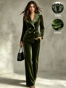 SHEIN Autumn/Winter Women's Luxury Velvet Suit Set, Double-Breasted Waist-Cinching Blazer & Flared Pants Two Pieces Outfit, Suitable For Party, Banquet, Gathering, Professional Commute Style And More Occasions - Olive Green - View 4