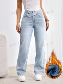 SHEIN Tall 女款休閒日常旅行牛仔褲，附口袋與鈕扣設計 - 淺色水洗藍 - 查看 3