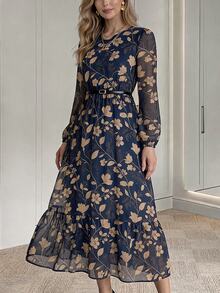 Medorina Women's Elegant Versatile Floral Print Long Sleeve Dress - Multicolor - View 3