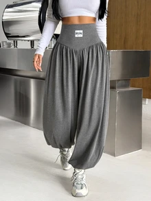 SHEIN EZwear 女款日常灰色針織高腰長褲 - 淺灰色 - 查看 3